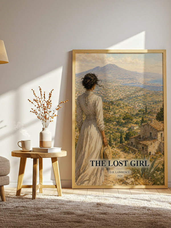 The Lost Girl watercolour print in frame leaning in hallway – literary fiction wall art
