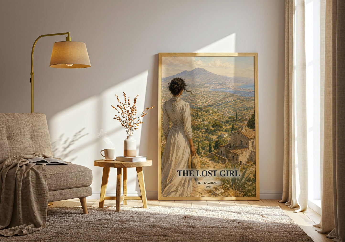 The Lost Girl watercolour print in frame leaning in hallway – literary fiction wall art