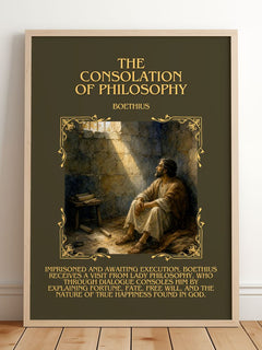 The Consolation of Philosophy Minimalist Book Poster by Boethius – framed print leaning on a wooden floor