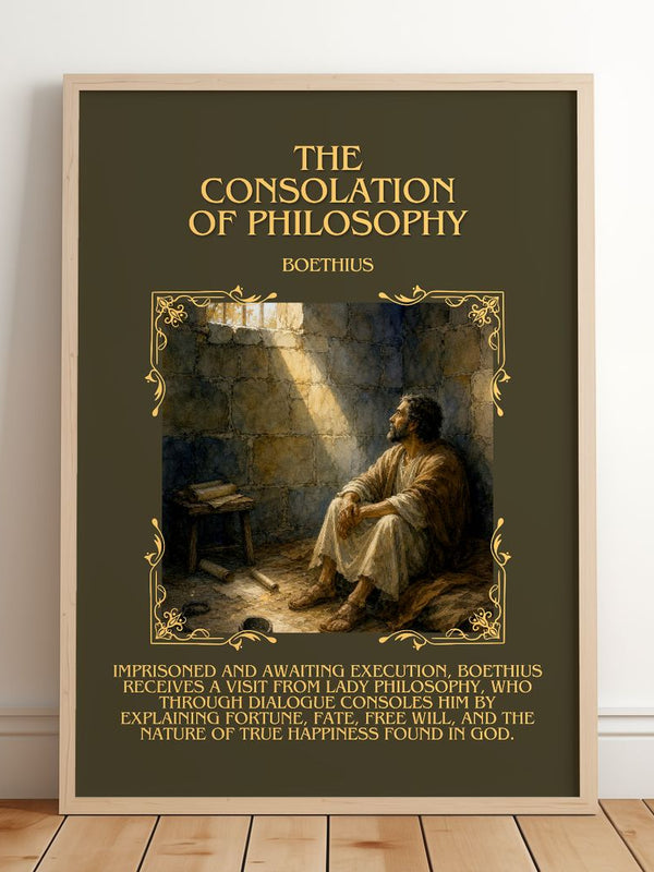 The Consolation of Philosophy Minimalist Book Poster by Boethius – framed print leaning on a wooden floor