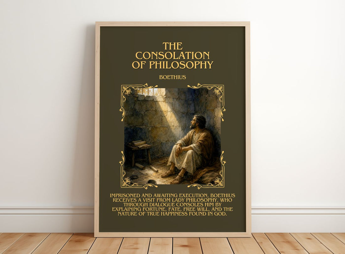 The Consolation of Philosophy Minimalist Book Poster by Boethius – framed print leaning on a wooden floor