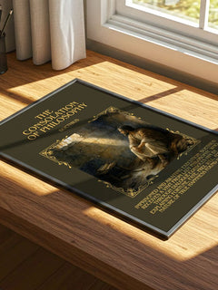 The Consolation of Philosophy Minimalist Book Poster by Boethius – print on a sunlit desk