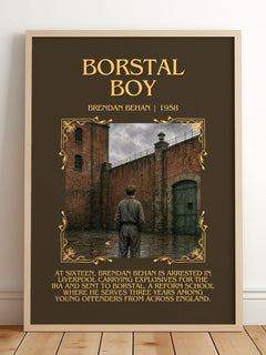 Borstal Boy Minimalist Book Poster by Brendan Behan – framed print leaning on a wooden floor