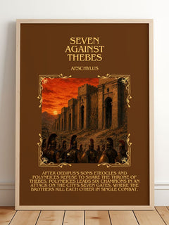 Seven Against Thebes Minimalist Book Poster by Aeschylus – framed print leaning on a wooden floor