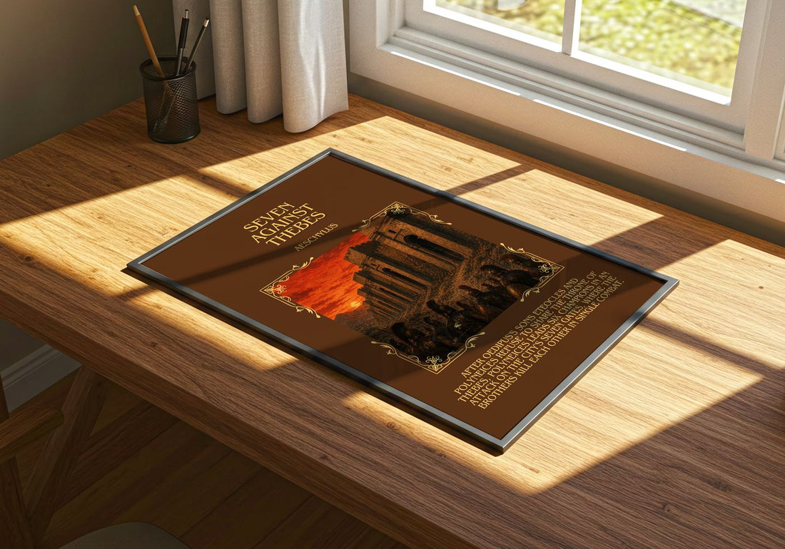 Seven Against Thebes Minimalist Book Poster by Aeschylus – print on a sunlit desk