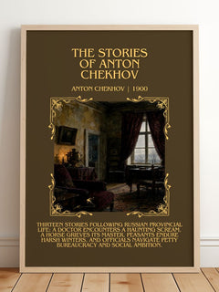 The Stories of Anton Chekhov Minimalist Book Poster by Anton Chekhov – framed print leaning on a wooden floor