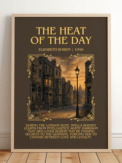 The Heat of the Day Minimalist Book Poster by Elizabeth Bowen – framed print leaning on a wooden floor