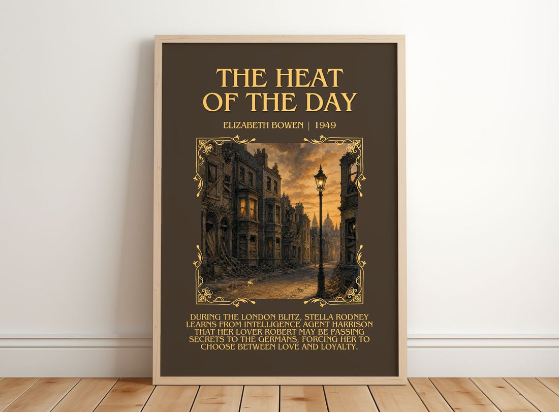 The Heat of the Day Minimalist Book Poster by Elizabeth Bowen – framed print leaning on a wooden floor