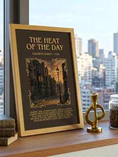 The Heat of the Day Minimalist Book Poster by Elizabeth Bowen – framed print on a city-view windowsill