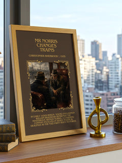 Mr Norris Changes Trains Minimalist Book Poster by C. Isherwood – framed print on a city-view windowsill