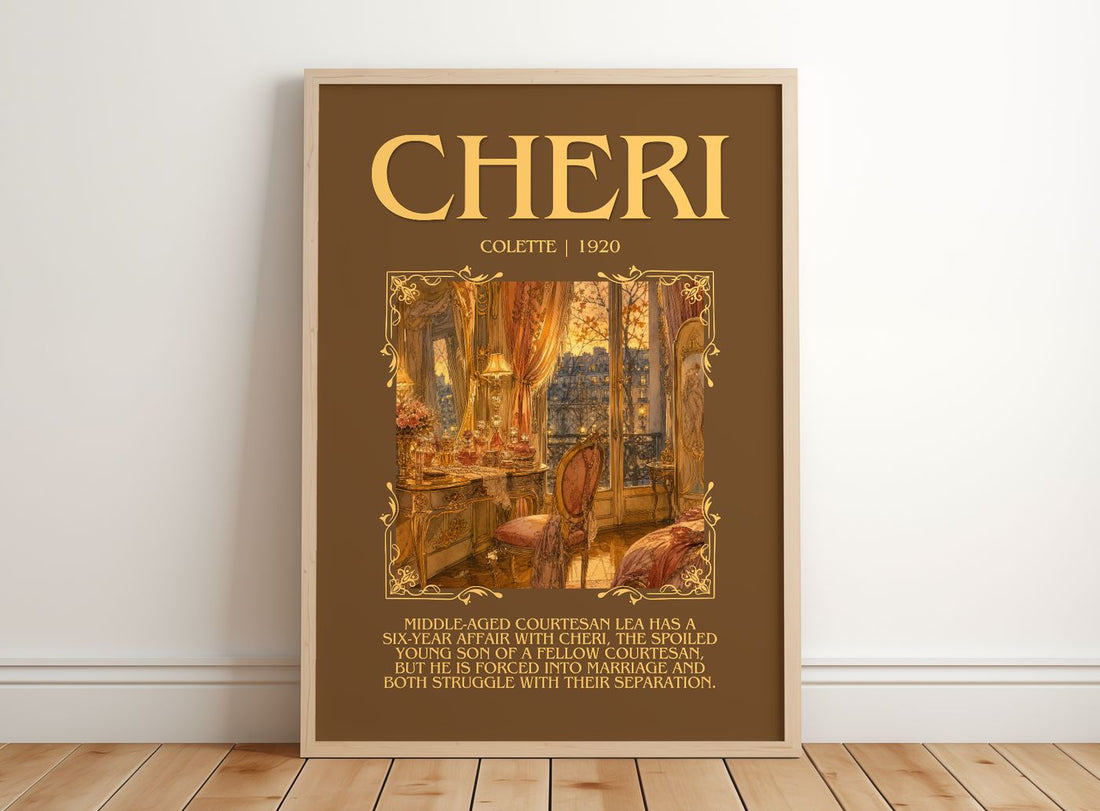 Cheri Minimalist Book Poster by Colette – framed print leaning on a wooden floor