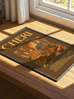 Cheri Minimalist Book Poster by Colette – print on a sunlit desk