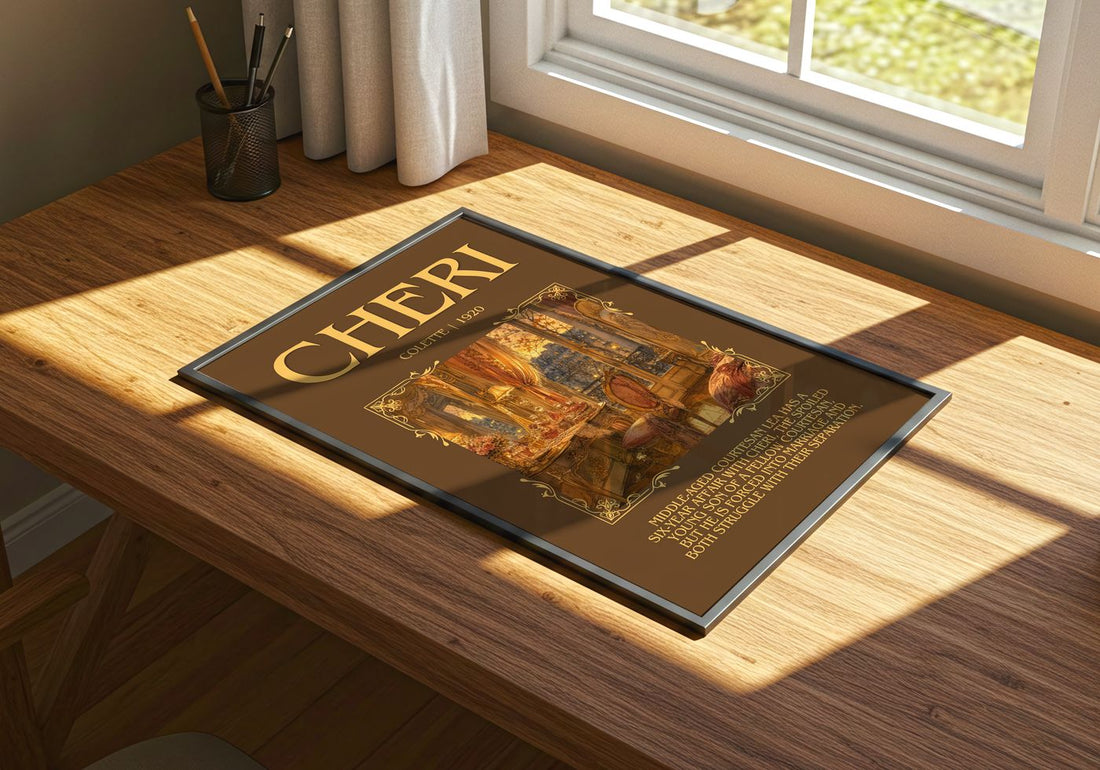 Cheri Minimalist Book Poster by Colette – print on a sunlit desk