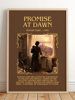 Promise at Dawn Minimalist Book Poster by Romain Gary – framed print leaning on a wooden floor