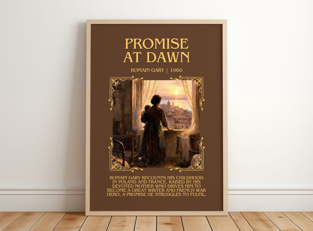 Promise at Dawn Minimalist Book Poster by Romain Gary – framed print leaning on a wooden floor