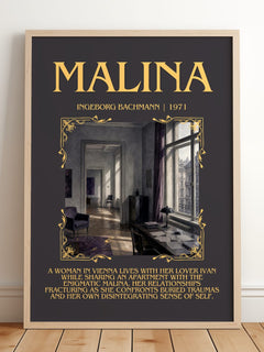 Malina Minimalist Book Poster by Ingeborg Bachmann – framed print leaning on a wooden floor