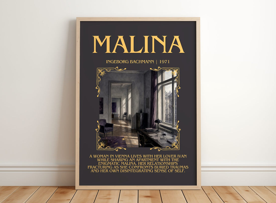 Malina Minimalist Book Poster by Ingeborg Bachmann – framed print leaning on a wooden floor
