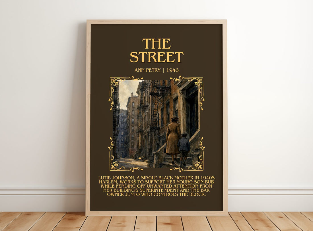 The Street Minimalist Book Poster by Ann Petry – framed print leaning on a wooden floor