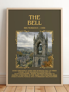 The Bell Minimalist Book Poster by Iris Murdoch – framed print leaning on a wooden floor