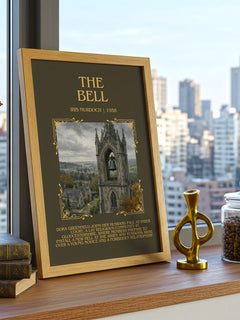 The Bell Minimalist Book Poster by Iris Murdoch – framed print on a city-view windowsill