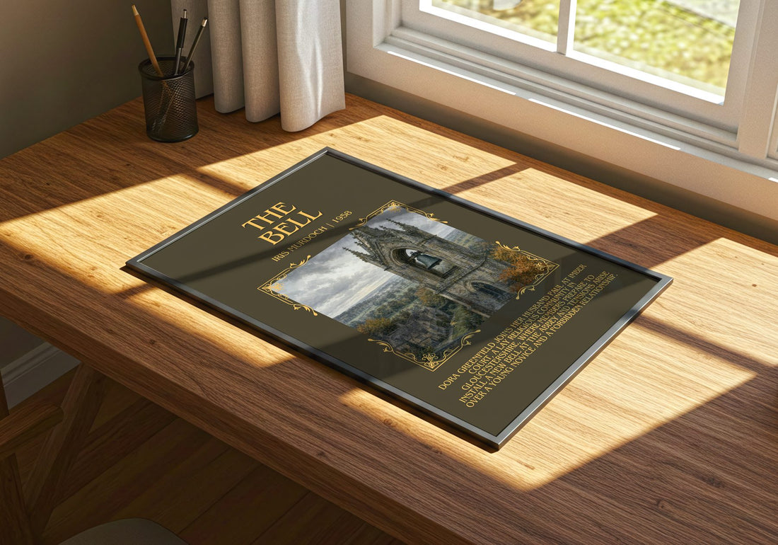 The Bell Minimalist Book Poster by Iris Murdoch – print on a sunlit desk