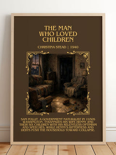 The Man Who Loved Children Minimalist Book Poster by Christina Stead – framed print leaning on a wooden floor