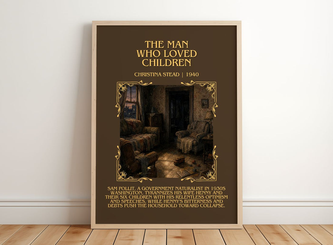The Man Who Loved Children Minimalist Book Poster by Christina Stead – framed print leaning on a wooden floor