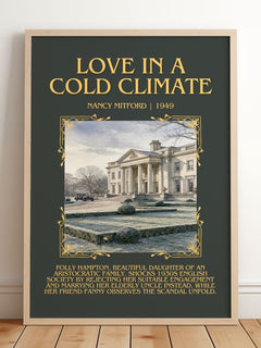 Love in a Cold Climate Minimalist Book Poster by Nancy Mitford – framed print leaning on a wooden floor