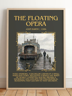 The Floating Opera Minimalist Book Poster by John Barth – framed print leaning on a wooden floor