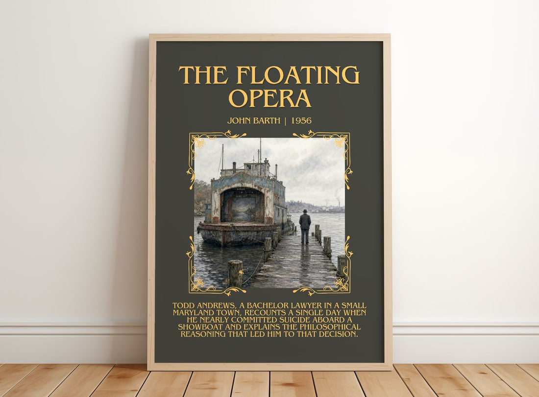 The Floating Opera Minimalist Book Poster by John Barth – framed print leaning on a wooden floor