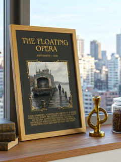 The Floating Opera Minimalist Book Poster by John Barth – framed print on a city-view windowsill