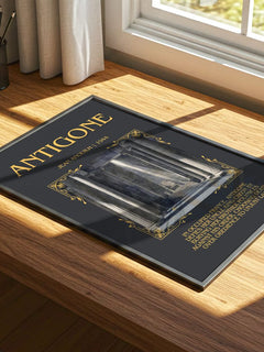 Antigone Minimalist Book Poster by Jean Anouilh – print on a sunlit desk