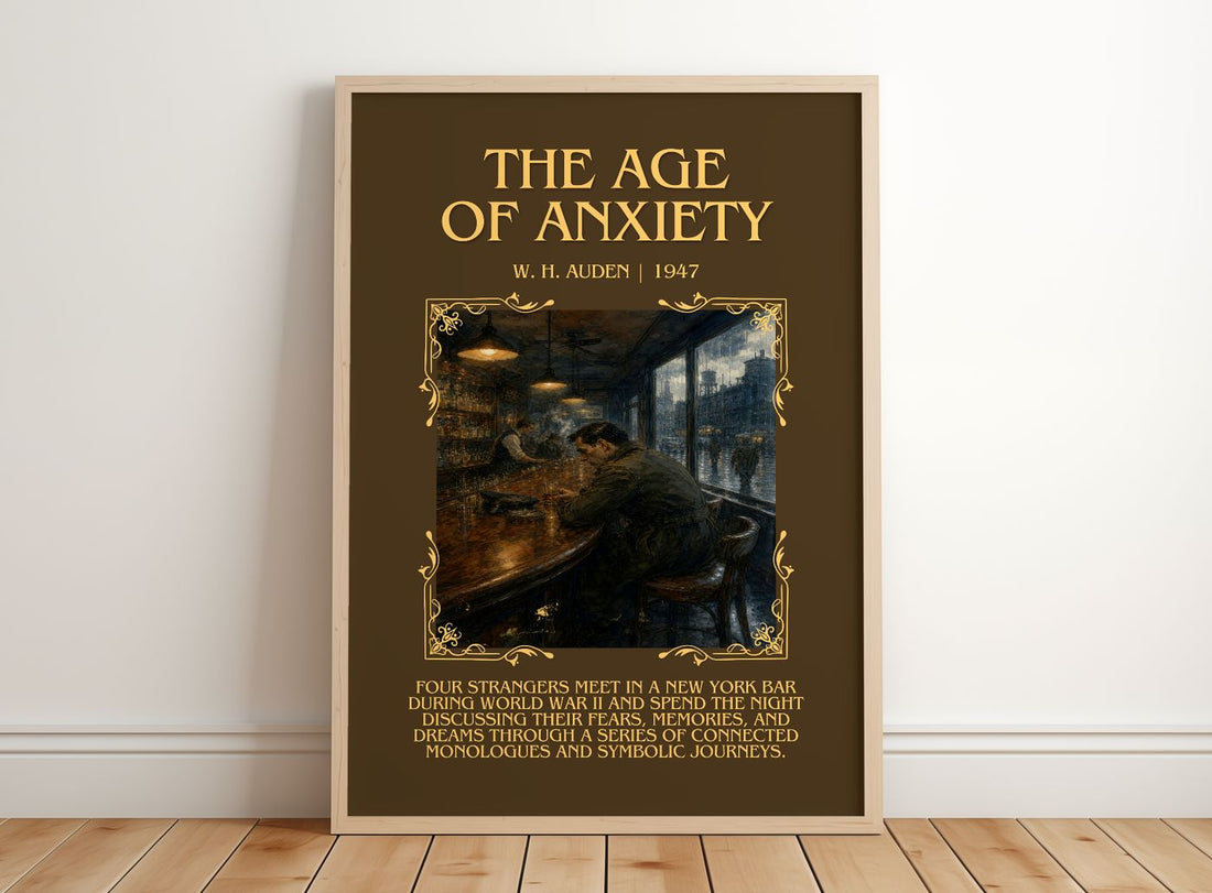 The Age of Anxiety Minimalist Book Poster by W. H. Auden – framed print leaning on a wooden floor