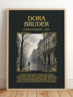 Dora Bruder Minimalist Book Poster by Patrick Modiano – framed print leaning on a wooden floor