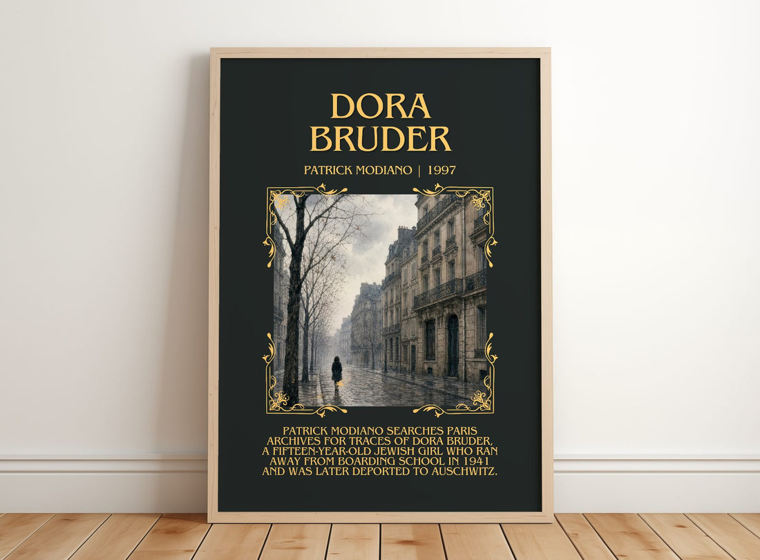 Dora Bruder Minimalist Book Poster by Patrick Modiano – framed print leaning on a wooden floor