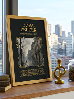 Dora Bruder Minimalist Book Poster by Patrick Modiano – framed print on a city-view windowsill
