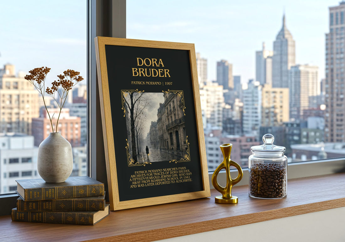 Dora Bruder Minimalist Book Poster by Patrick Modiano – framed print on a city-view windowsill