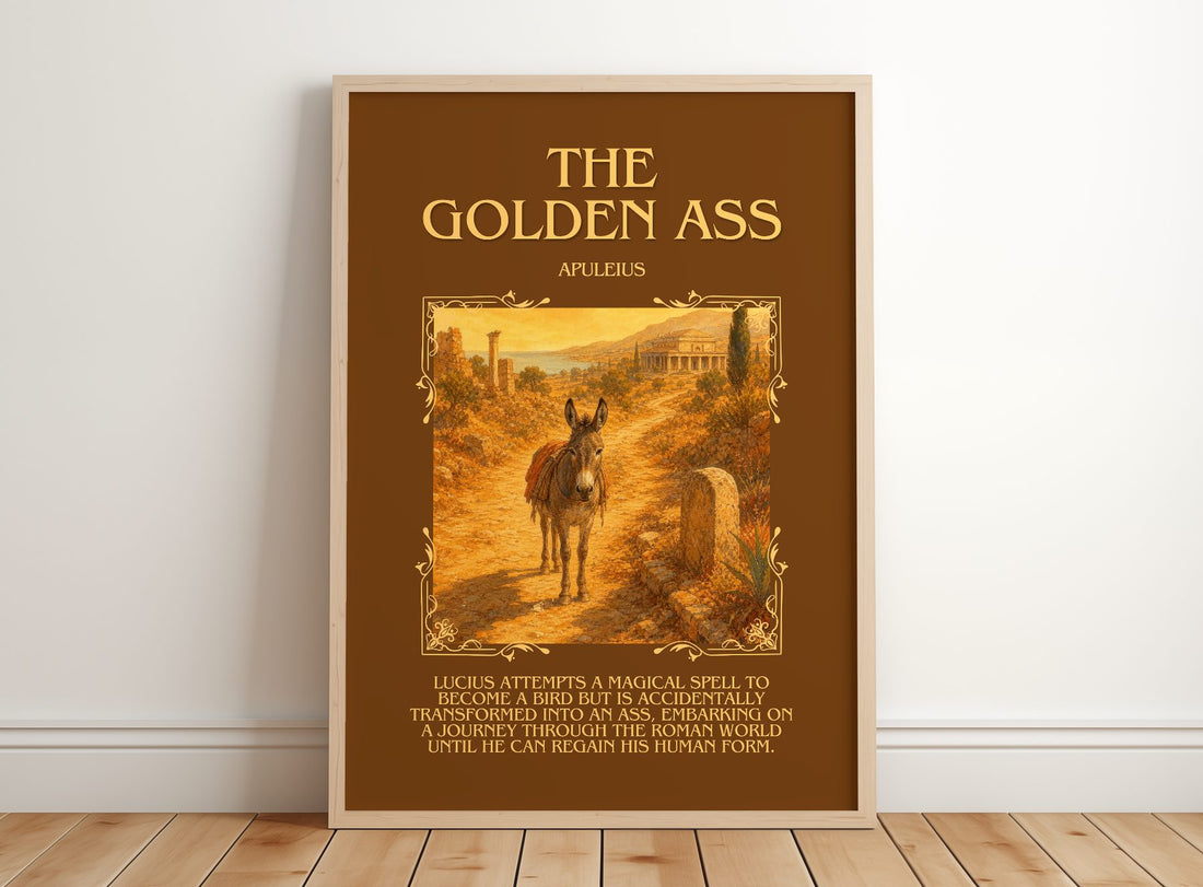 The Golden Ass Minimalist Book Poster by Apuleius – framed print leaning on a wooden floor