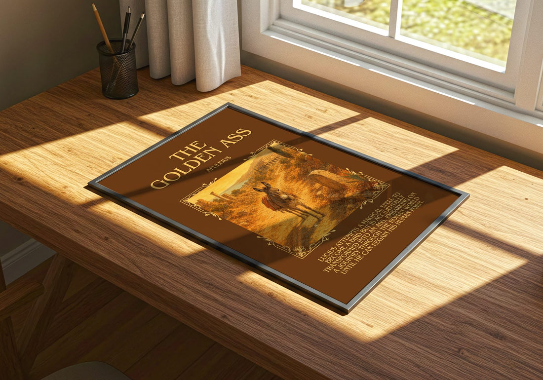 The Golden Ass Minimalist Book Poster by Apuleius – print on a sunlit desk