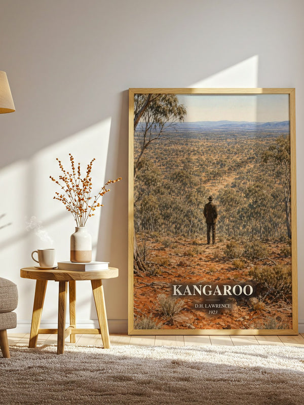 Kangaroo watercolour print in frame leaning in hallway – literary fiction wall art