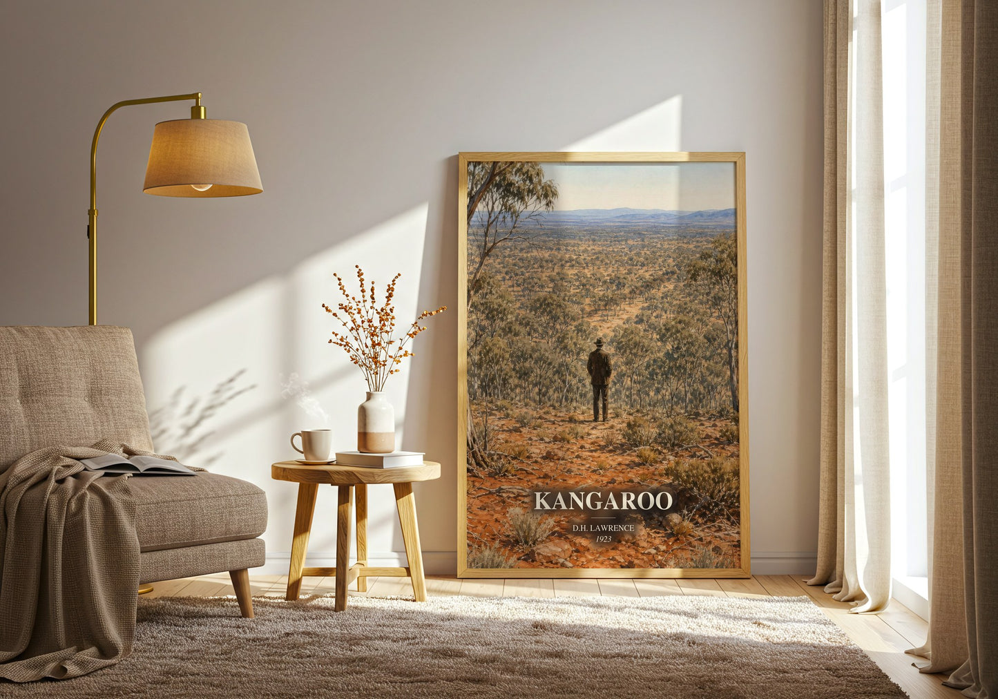 Kangaroo watercolour print in frame leaning in hallway – literary fiction wall art