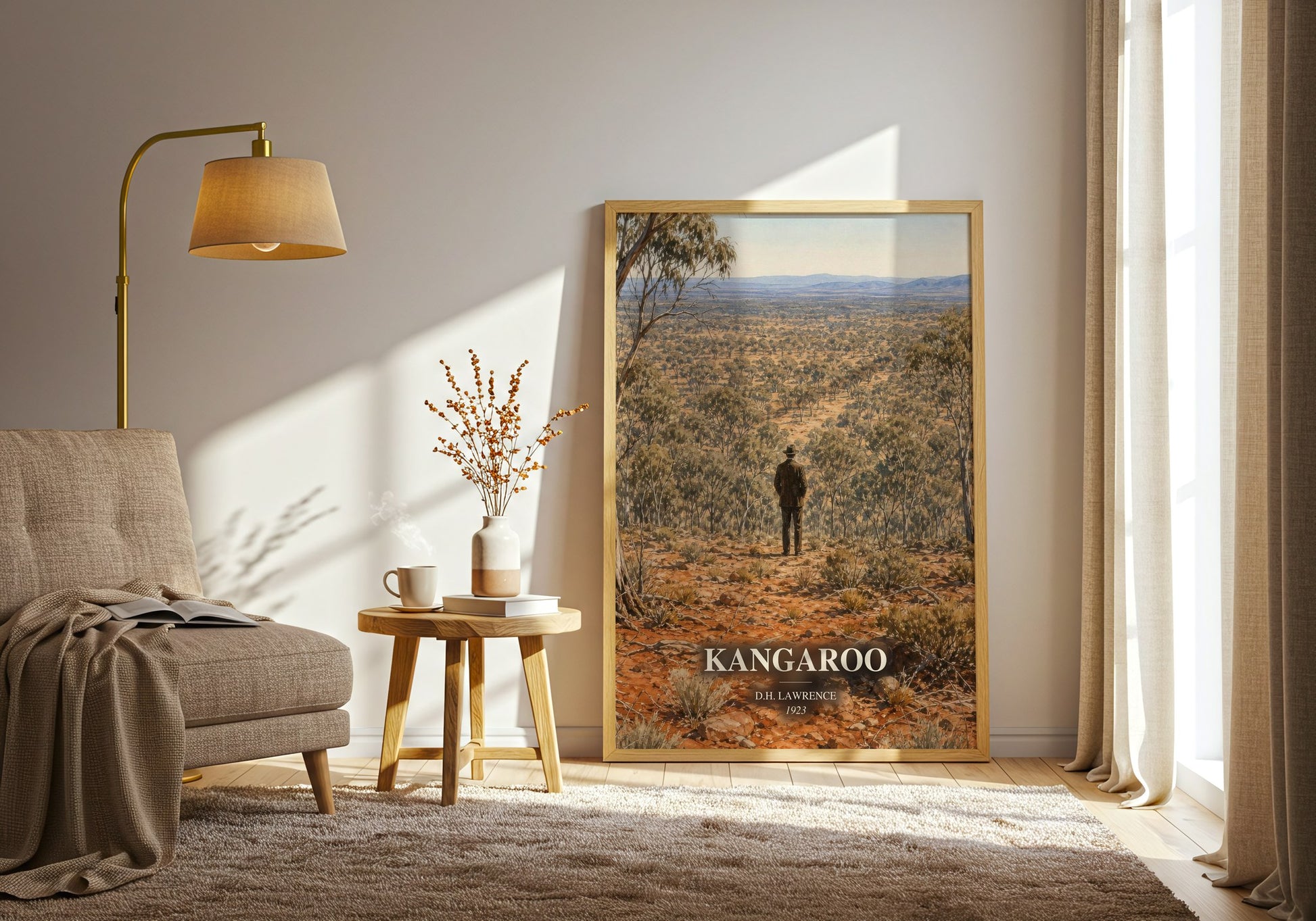 Kangaroo watercolour print in frame leaning in hallway – literary fiction wall art