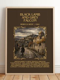 Black Lamb and Grey Falcon Minimalist Book Poster by Rebecca West – framed print leaning on a wooden floor