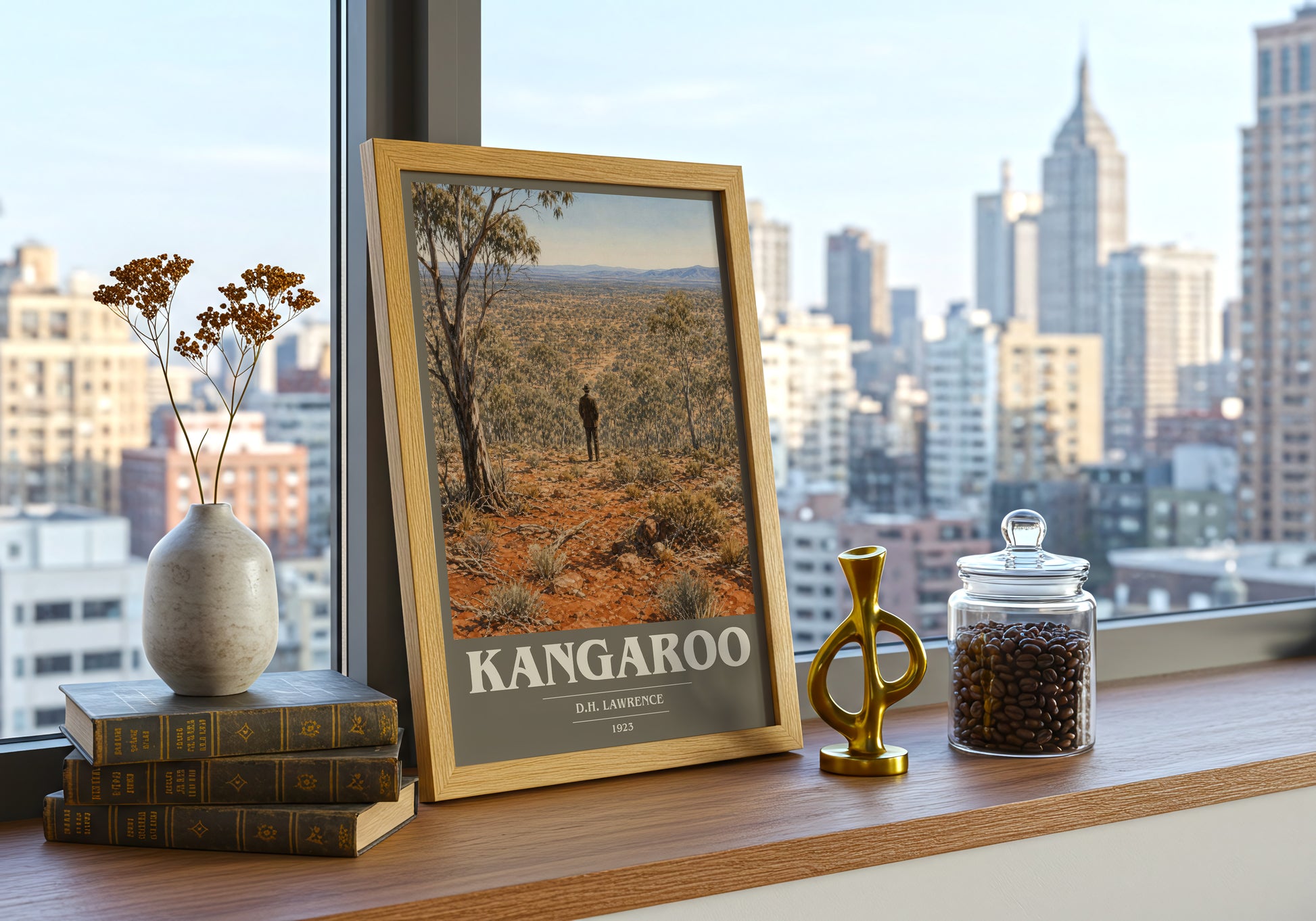 Kangaroo book cover print framed by window – literary home decor