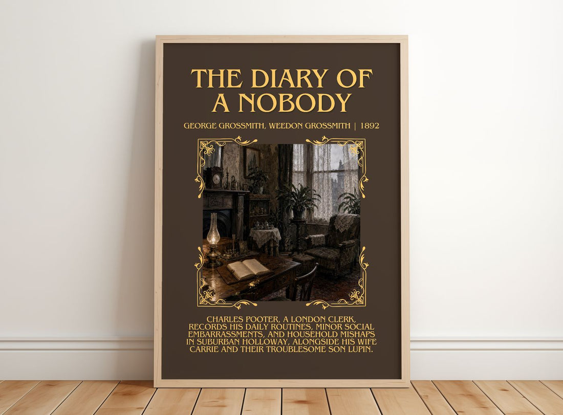 Diary of a Nobody Minimalist Book Poster by G. Grossmith – framed print leaning on a wooden floor