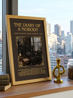 Diary of a Nobody Minimalist Book Poster by G. Grossmith – framed print on a city-view windowsill