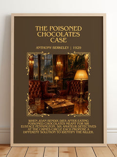 Poisoned Chocolates Case Minimalist Book Poster by Anthony Berkeley – framed print leaning on a wooden floor
