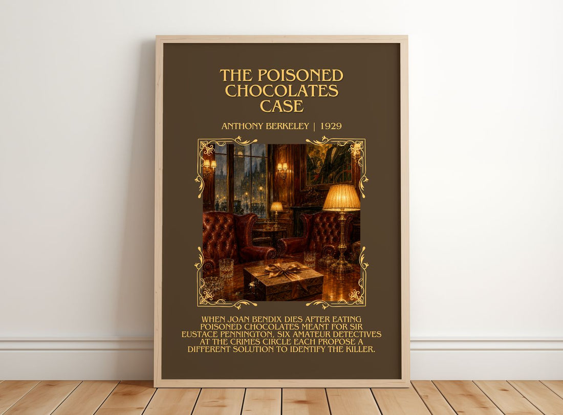 Poisoned Chocolates Case Minimalist Book Poster by Anthony Berkeley – framed print leaning on a wooden floor