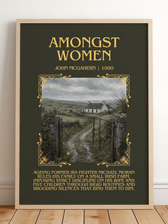 Amongst Women Minimalist Book Poster by John McGahern – framed print leaning on a wooden floor