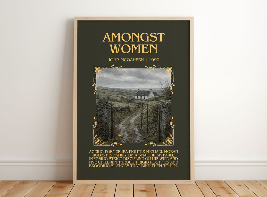 Amongst Women Minimalist Book Poster by John McGahern – framed print leaning on a wooden floor